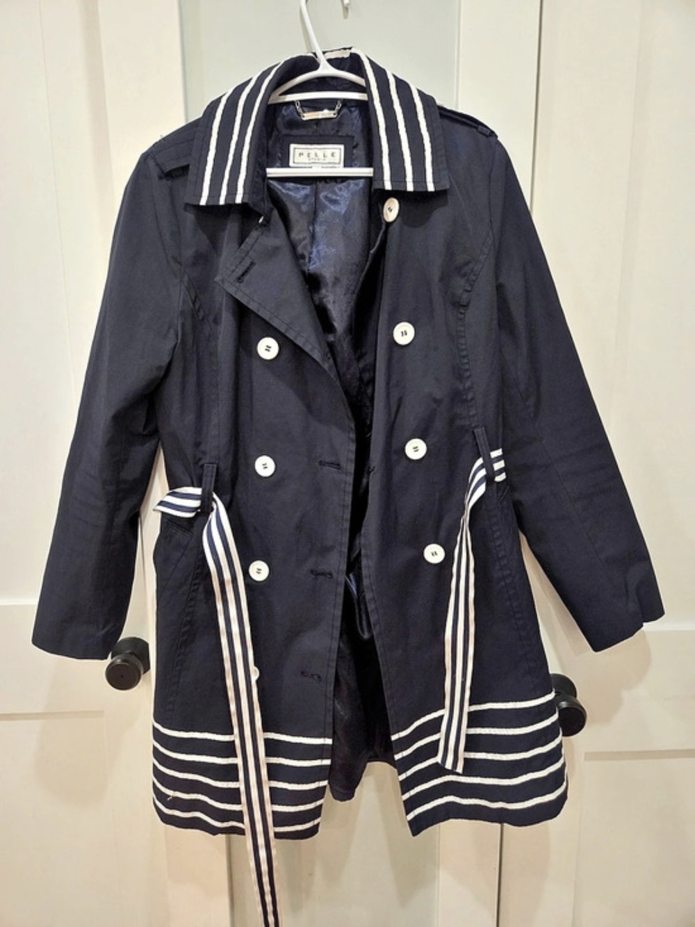 Pelle Studio Striped Trench Coat in Black & White Size Large